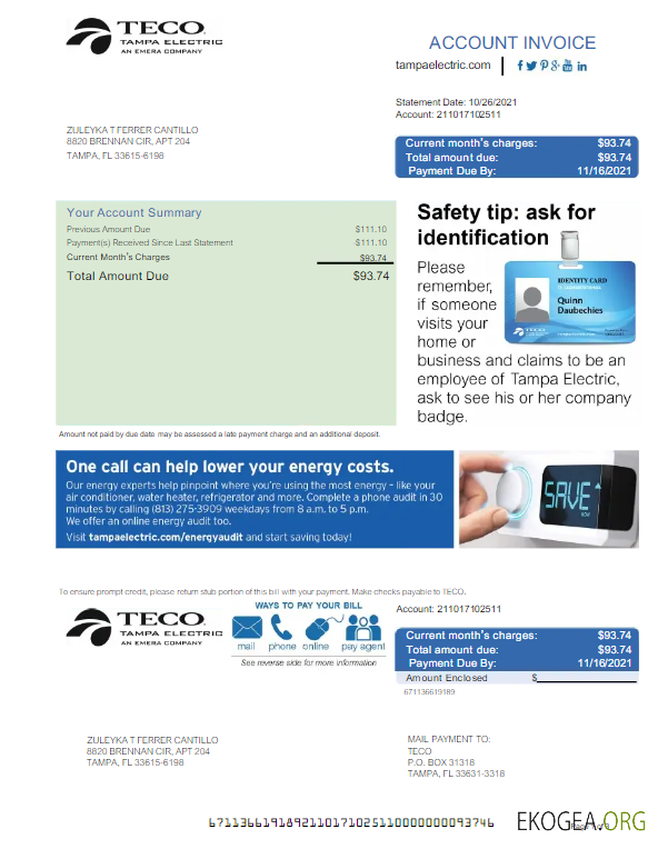 Usa Teco utility bill word and pdf template